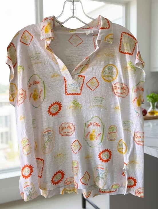 Cynthia Rowley Tops - Cynthia Rowley White Linen Shirt with Orange and Green Citrus Accents Size XL